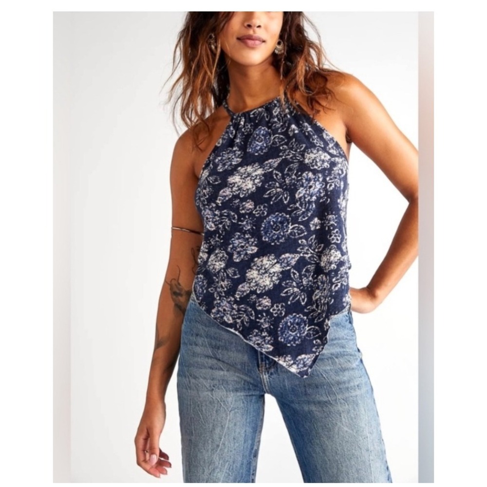 We The Free Free People Navy Floral Halter Tank Top Handkerchief Hem Medium Boho